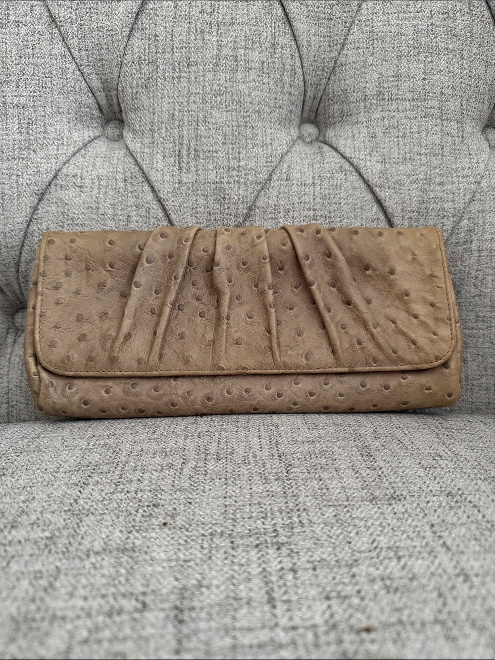 Lauren Merkin Taupe Ostrich-Texture Fold-Over Clutch
